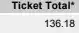 Emirates First Class booking total cost screenshot showing $136.18 in fees