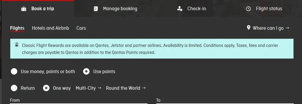 Qantas website flight booking page showing Sydney to Christchurch route selection