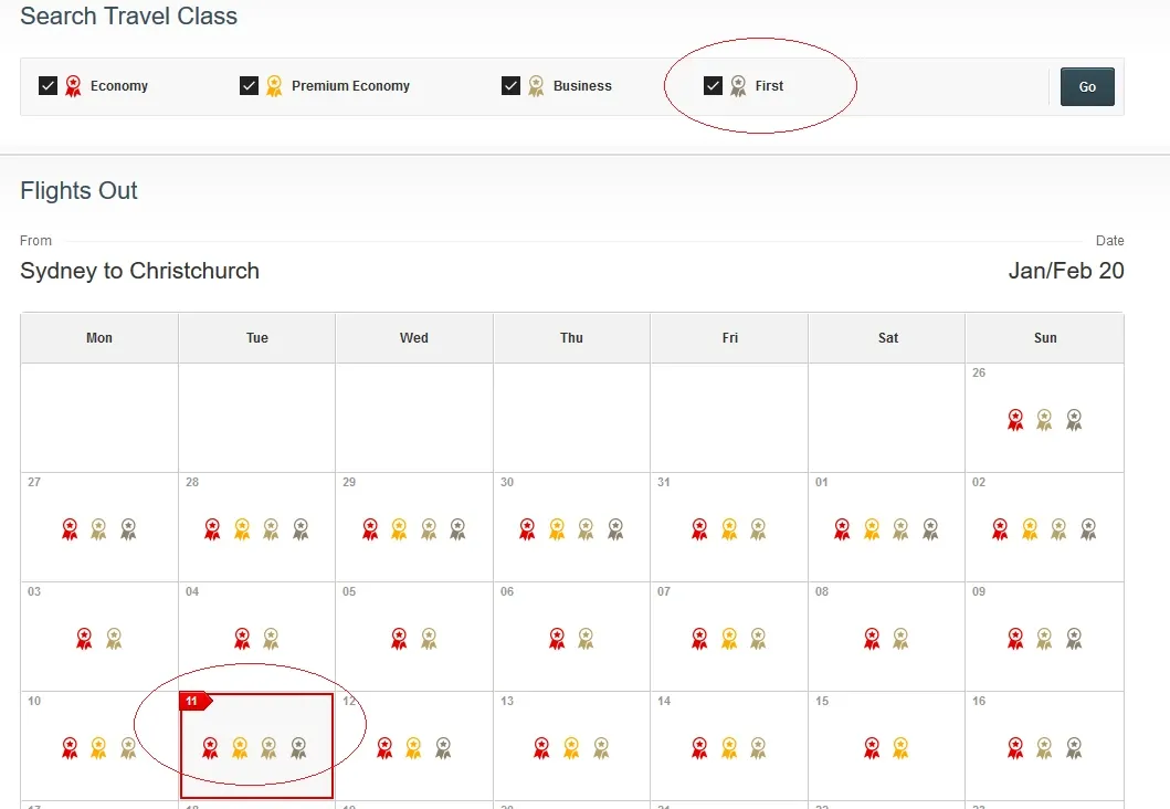 Qantas flight calendar showing First Class availability on February 11th and other dates