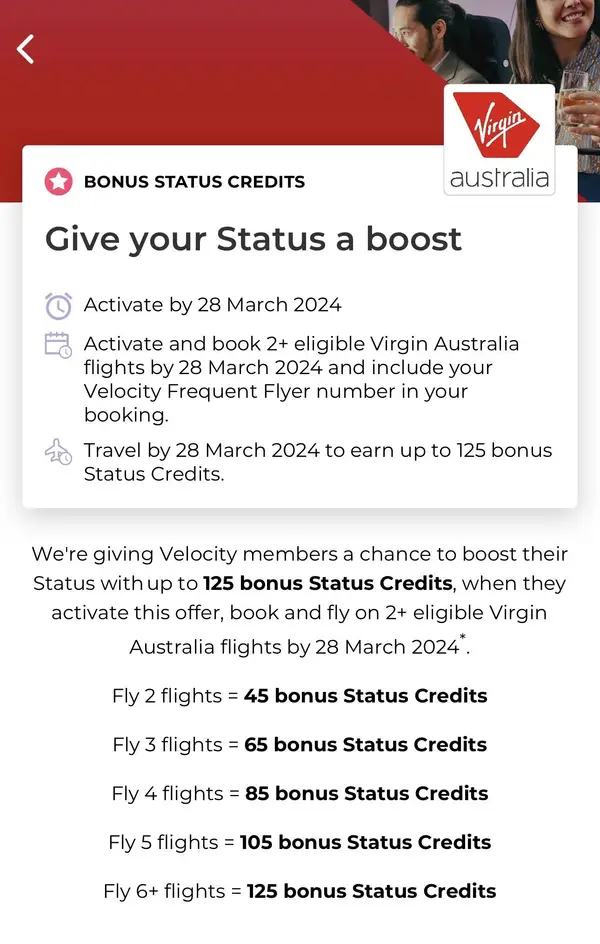 Boost: Up to 125 Bonus Status Credits with Velocity Frequent Flyer!