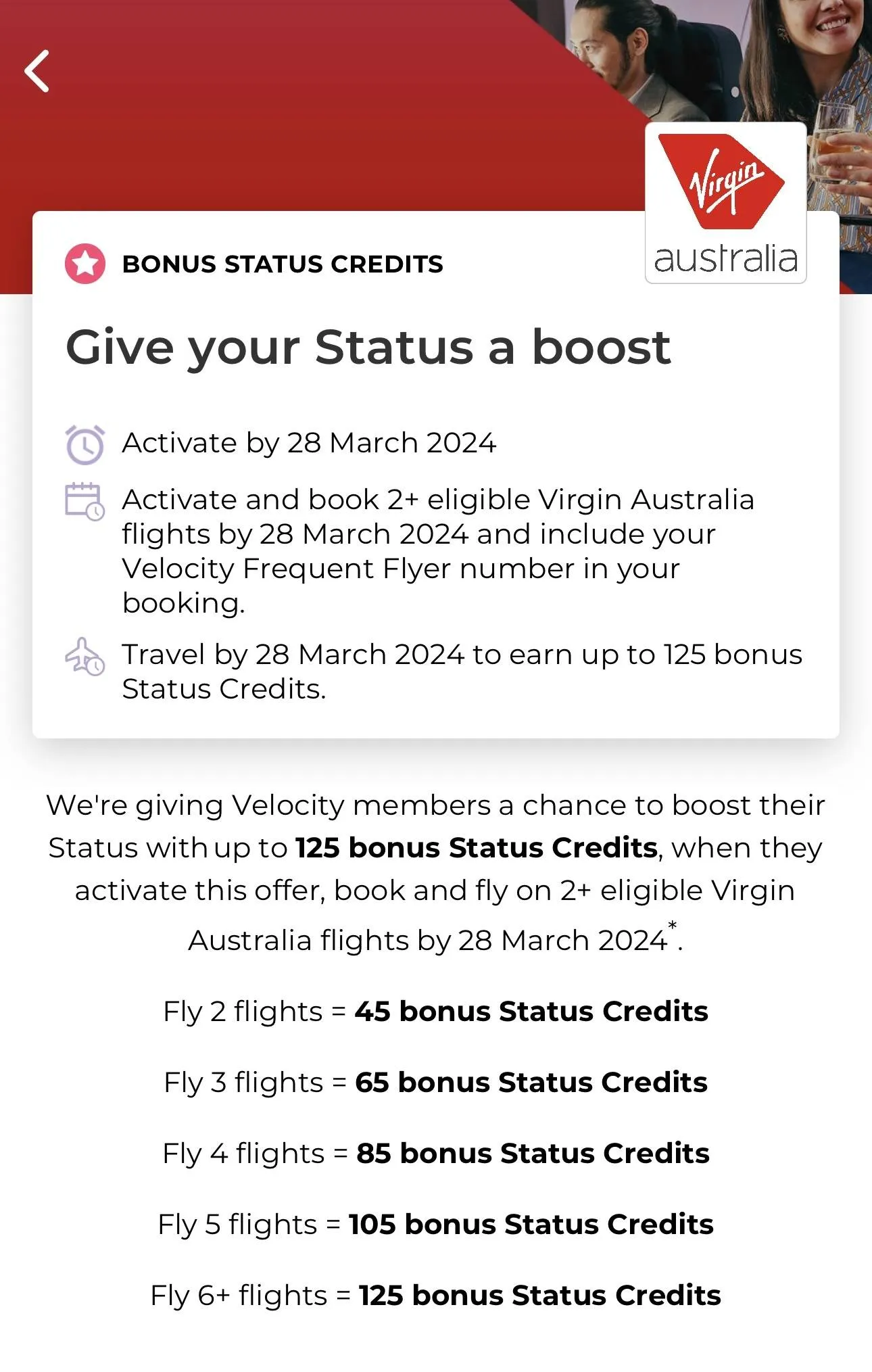 Boost: Up to 125 Bonus Status Credits with Velocity Frequent Flyer!