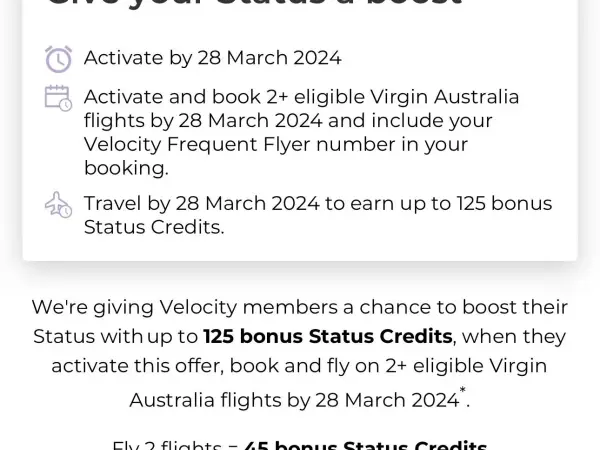 Boost: Up to 125 Bonus Status Credits with Velocity Frequent Flyer!