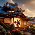animated creature in front of japanese architecture